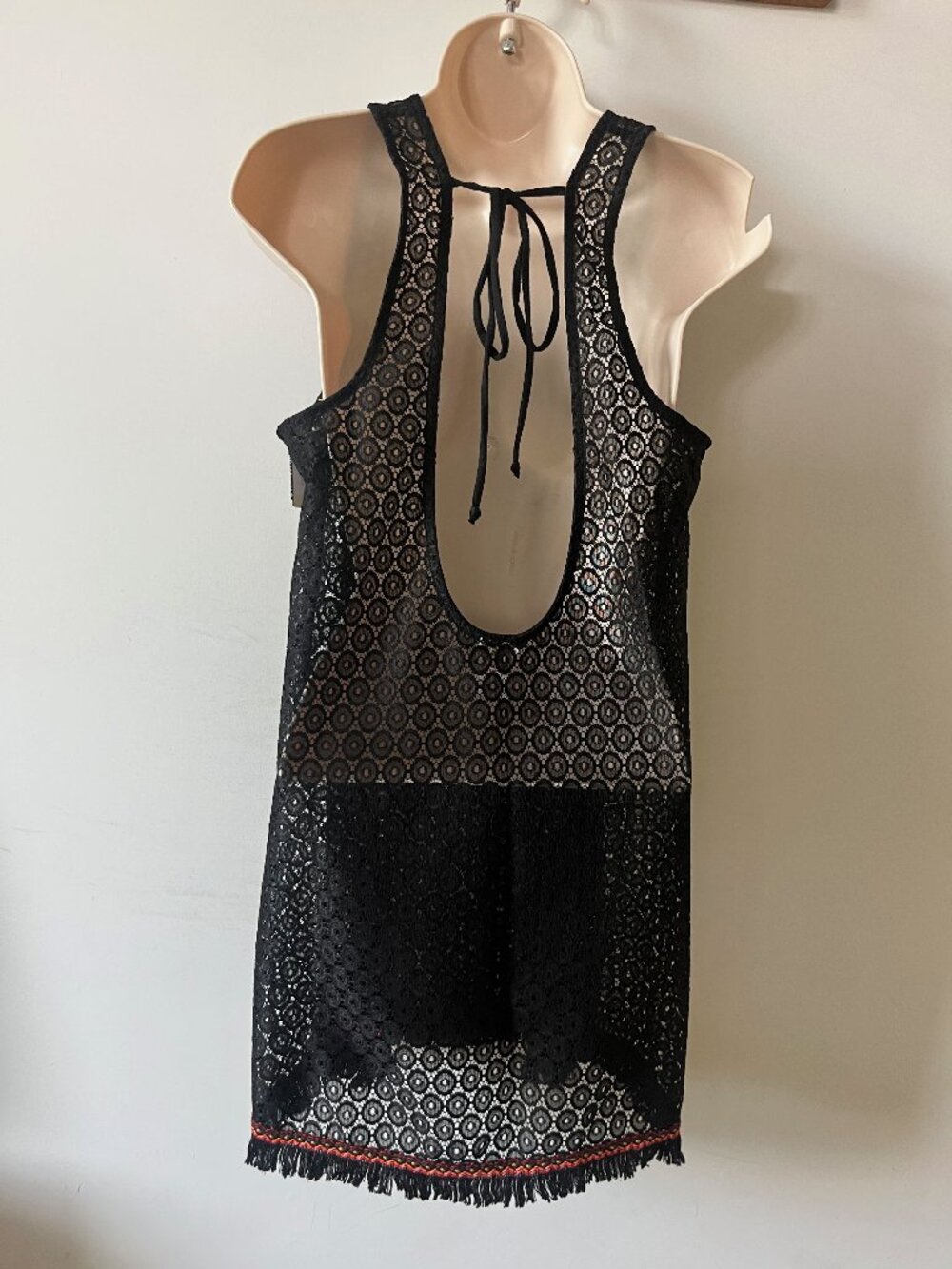 Boho Black Lace Swim Cover Up Dress Embroidered Fringe Hem Tank Mini Medium